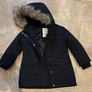 GAP Kids Black Hooded Puffer Parka with Faux-Fur Trim